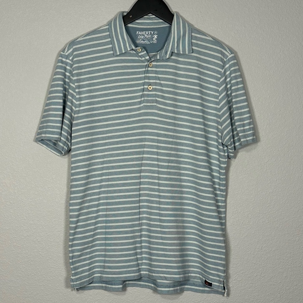 Faherty 100% Cotton Isle Polo in Blue and Cream Striped - Size Medium